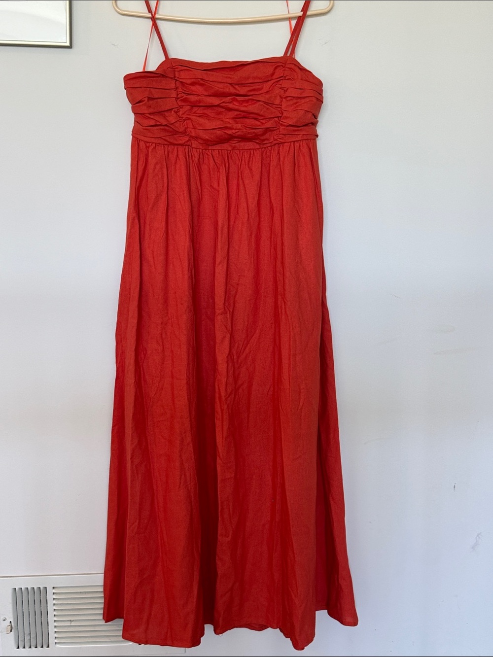 Orange Spaghetti Strap Linen Blend Maxi Dress with Ruched Bodice